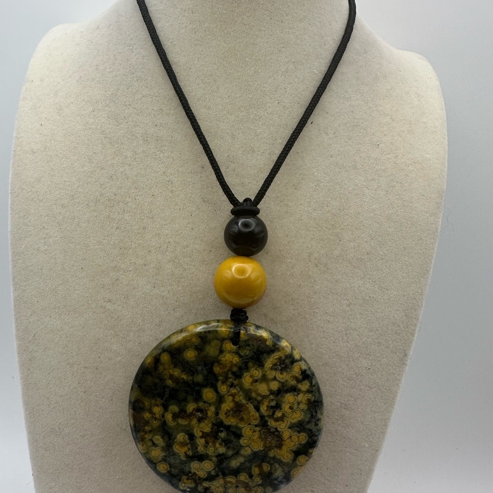 Large Round Ocean Jasper Pendant Necklace with Mookaite Jasper and Onyx on Rope - Picture 9 of 14